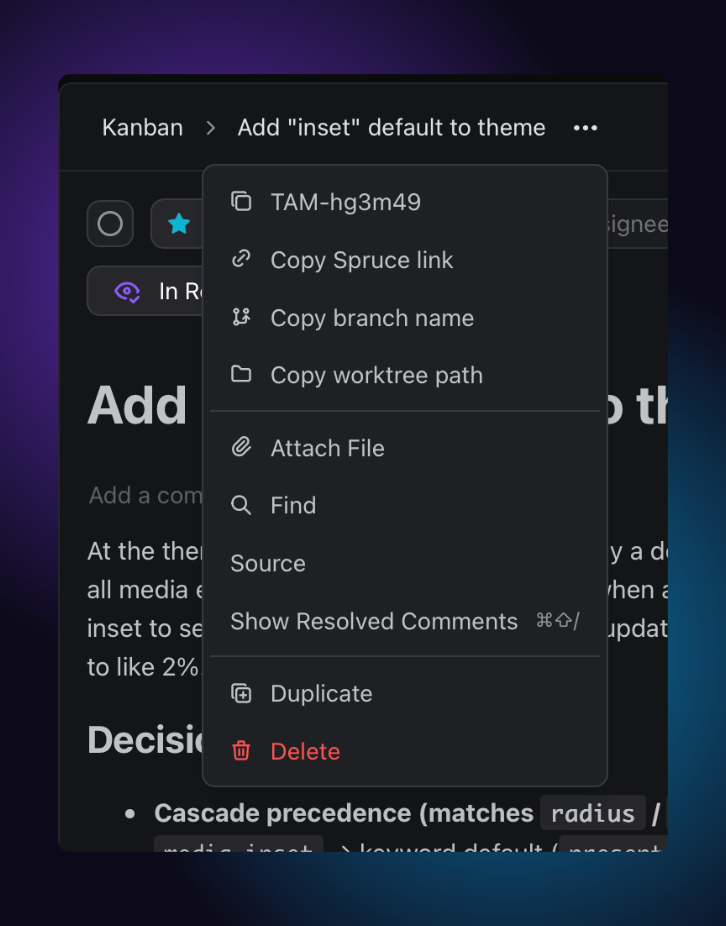 Artifact menu options