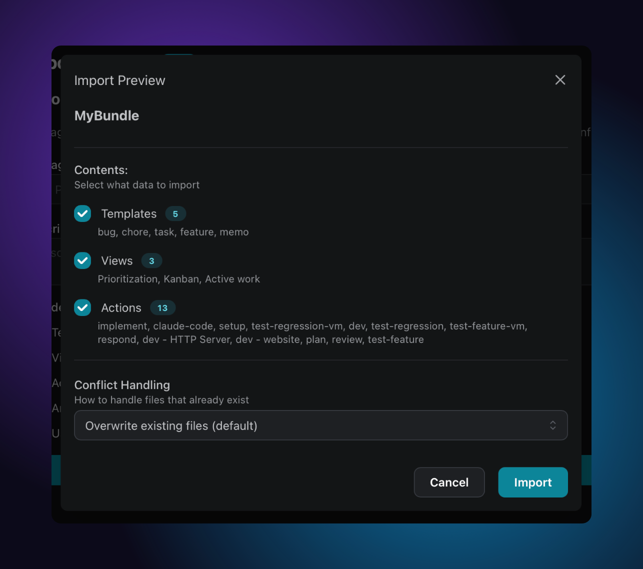 Bundle import dialog with content checkboxes and conflict handling