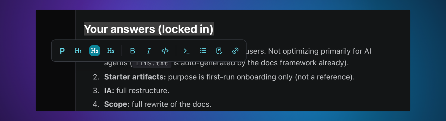 Floating editor menu