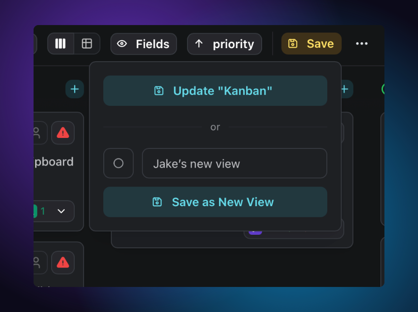 Modal to update an existing view or save as a new one.