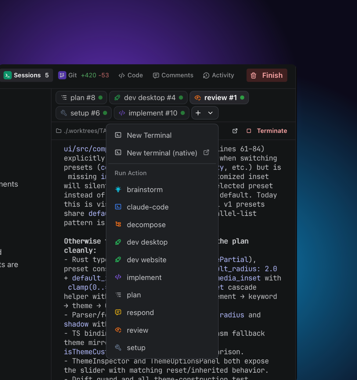 Terminal panel with the + dropdown showing available actions