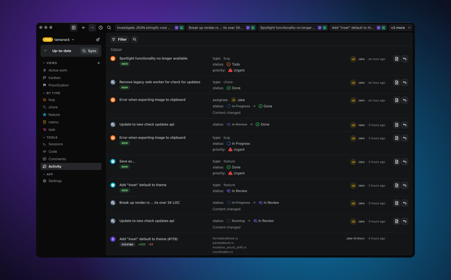 Activity page with commits, pending artifact changes, and pending code changes