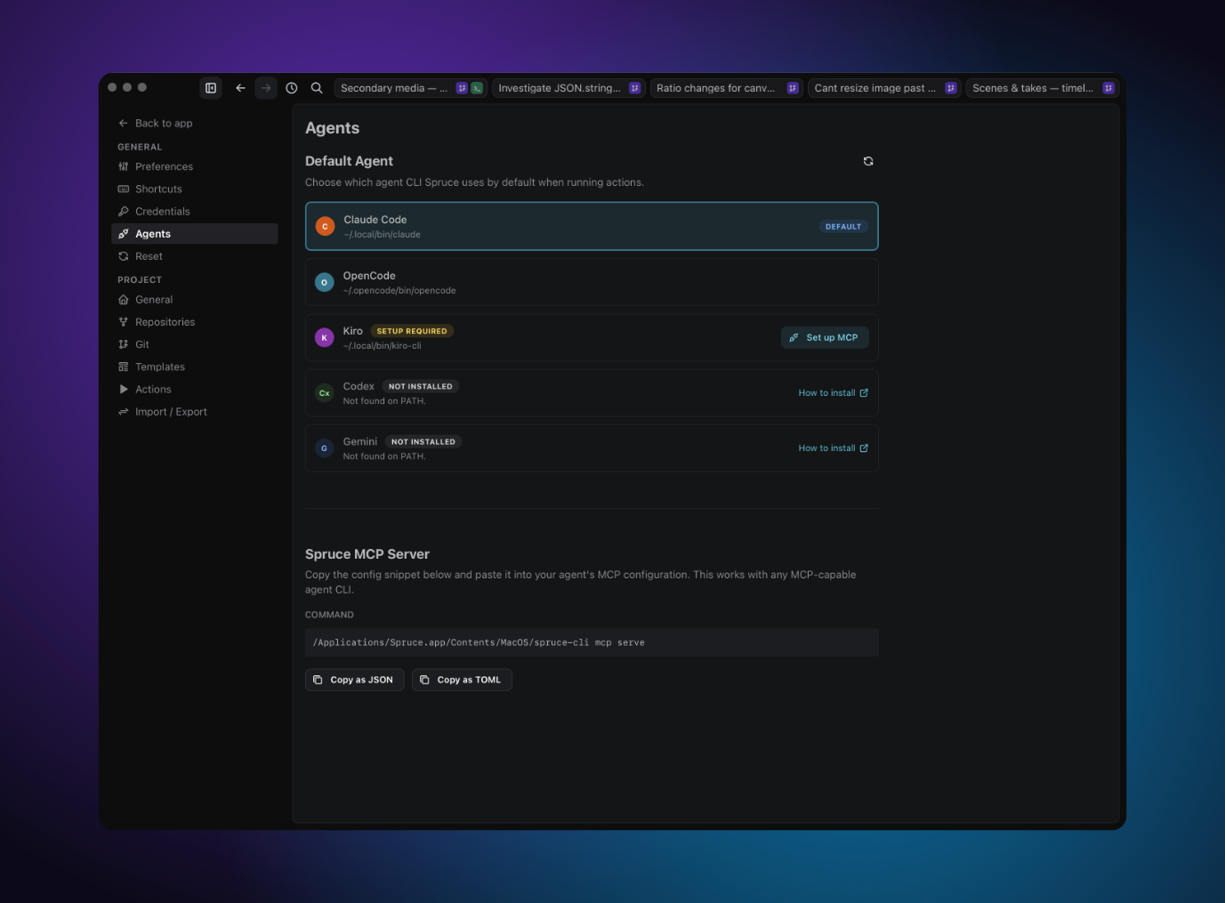Settings → Agents page showing agent cards and the Spruce MCP Server section
