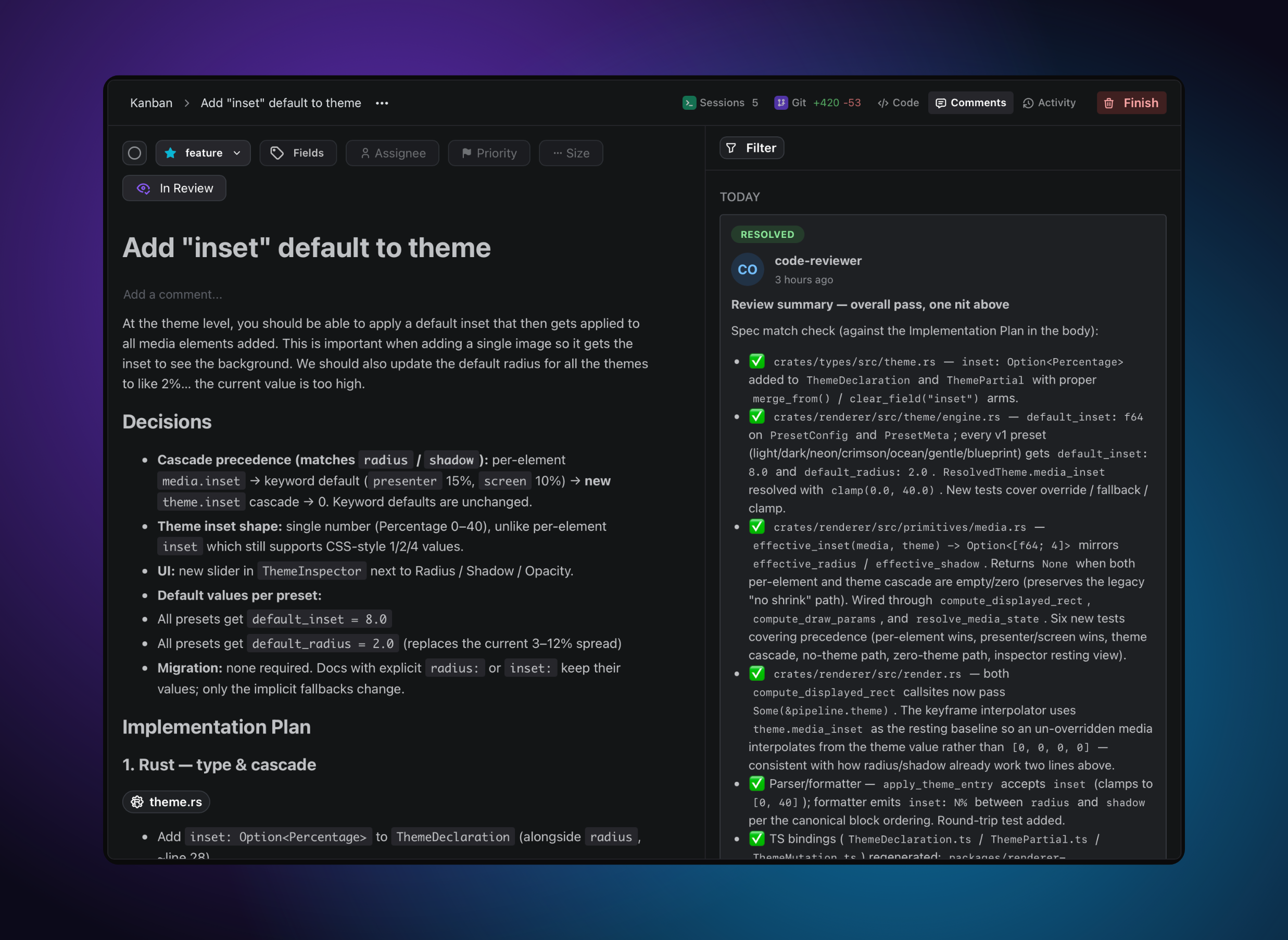 The artifact editor with header, body, and the tool panel open on the right