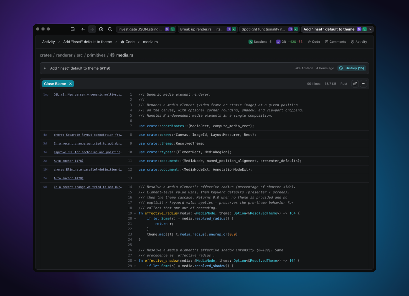 File viewer with blame gutter showing commit hash and author per line