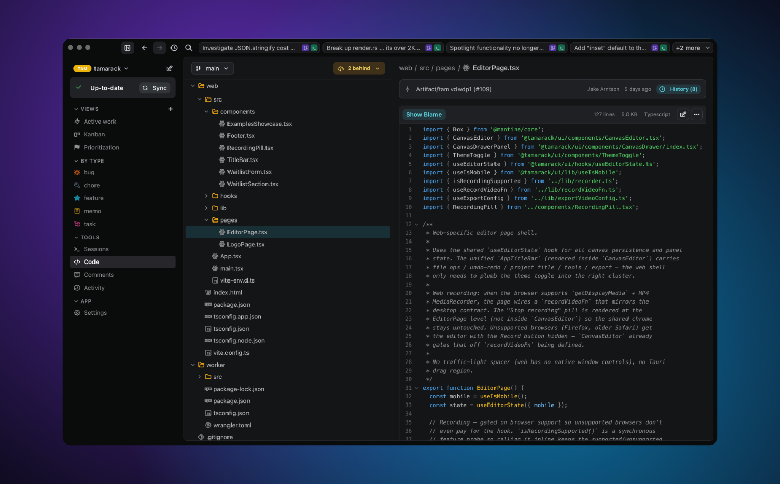 Code page with the tree on the left and a TypeScript file open in the split-screen viewer