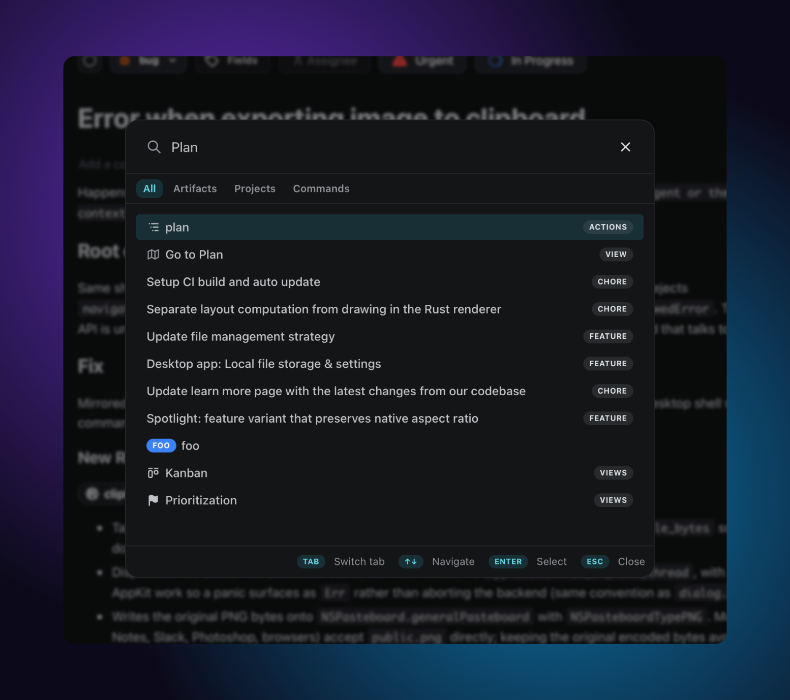 Command palette open with search results across artifacts and files