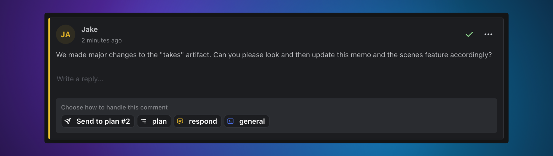 Comment route menu showing Send to <session> and Start new <action> options