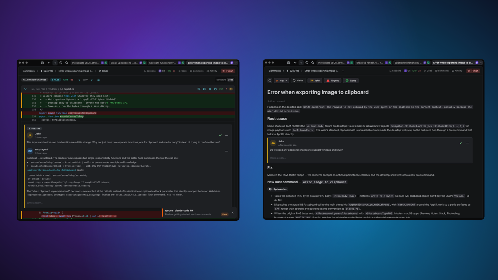 Artifact editor with a comment thread anchored to a paragraph and a code-line comment in the diff view