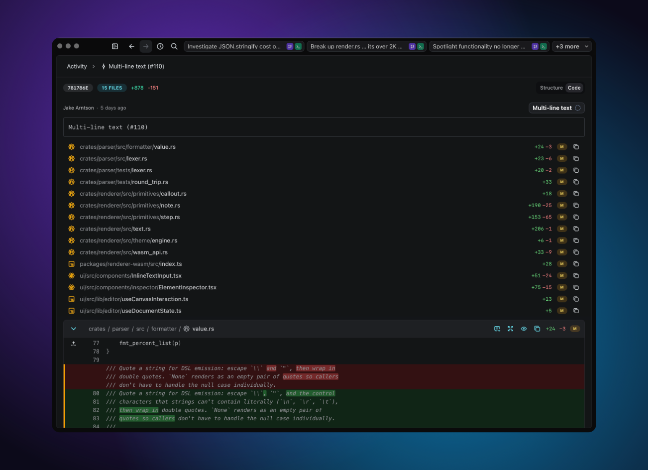 Commit view with the message at the top and per-file expandable diffs below