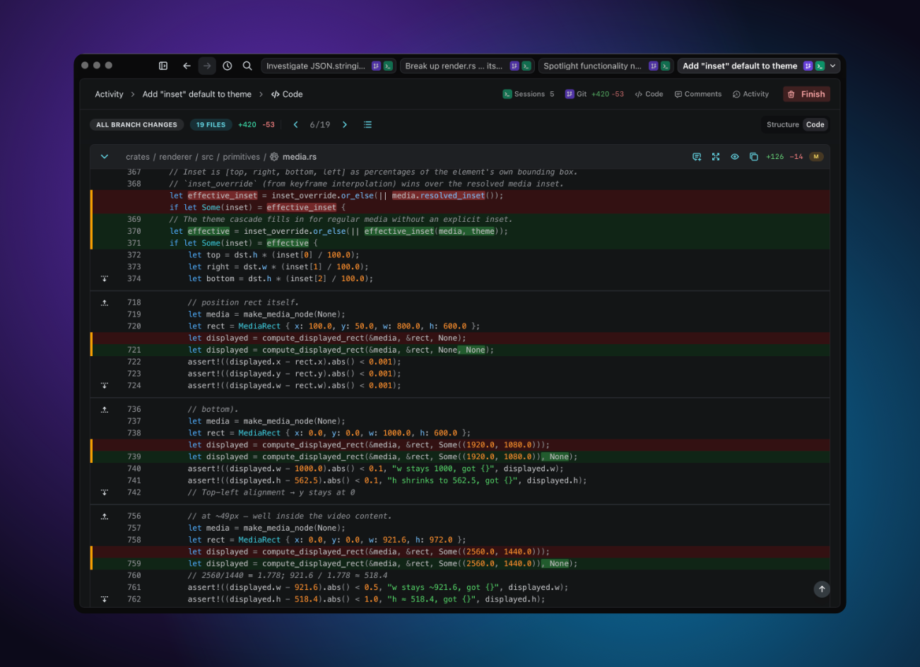 Unified diff view with syntax highlighting and per-line annotations