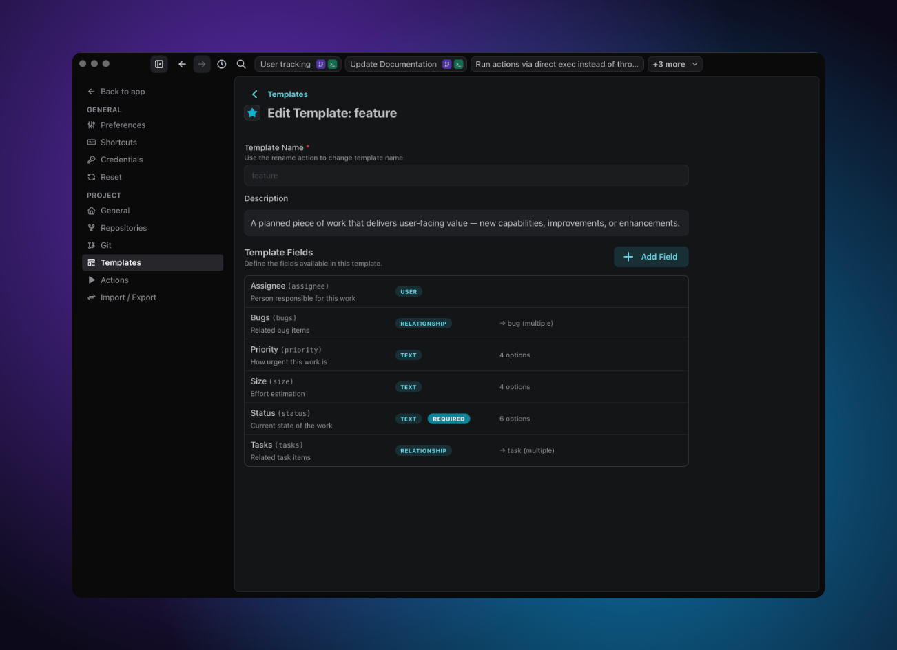 Settings → Templates with the feature template open for editing