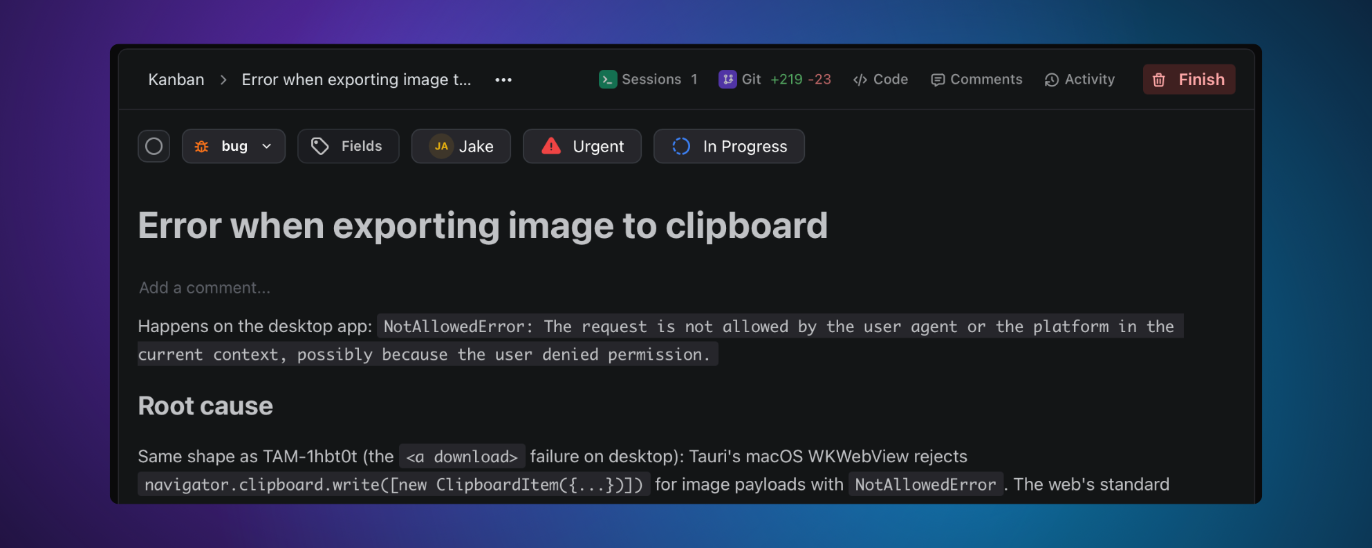 Artifact editor header showing status, priority, size, and assignee chips