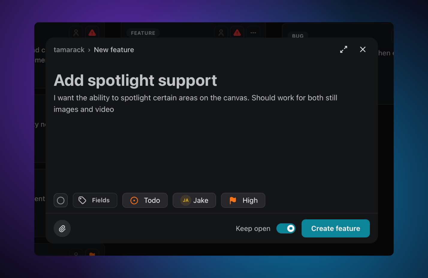 Artifact editor with a description in the body and pinned field chips at the top