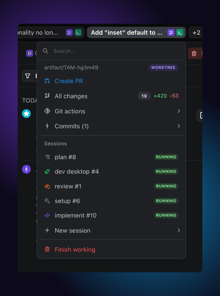 Focus bar chip with the artifact menu hovered open, showing the Git section, Sessions section, and Finish at the bottom