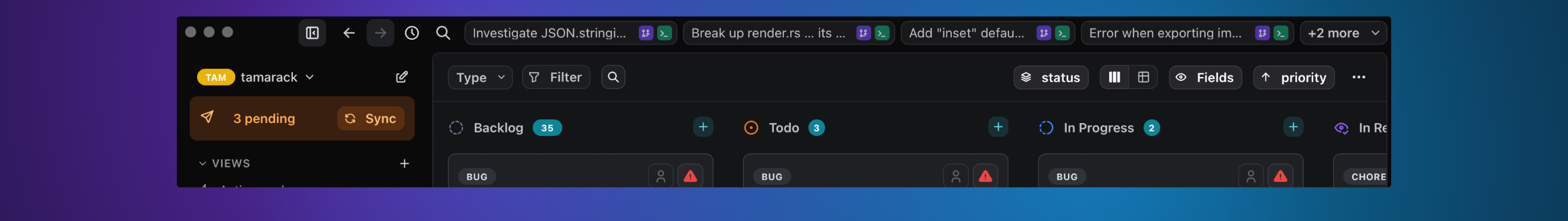 Focus bar pinned above the active view with several artifact chips