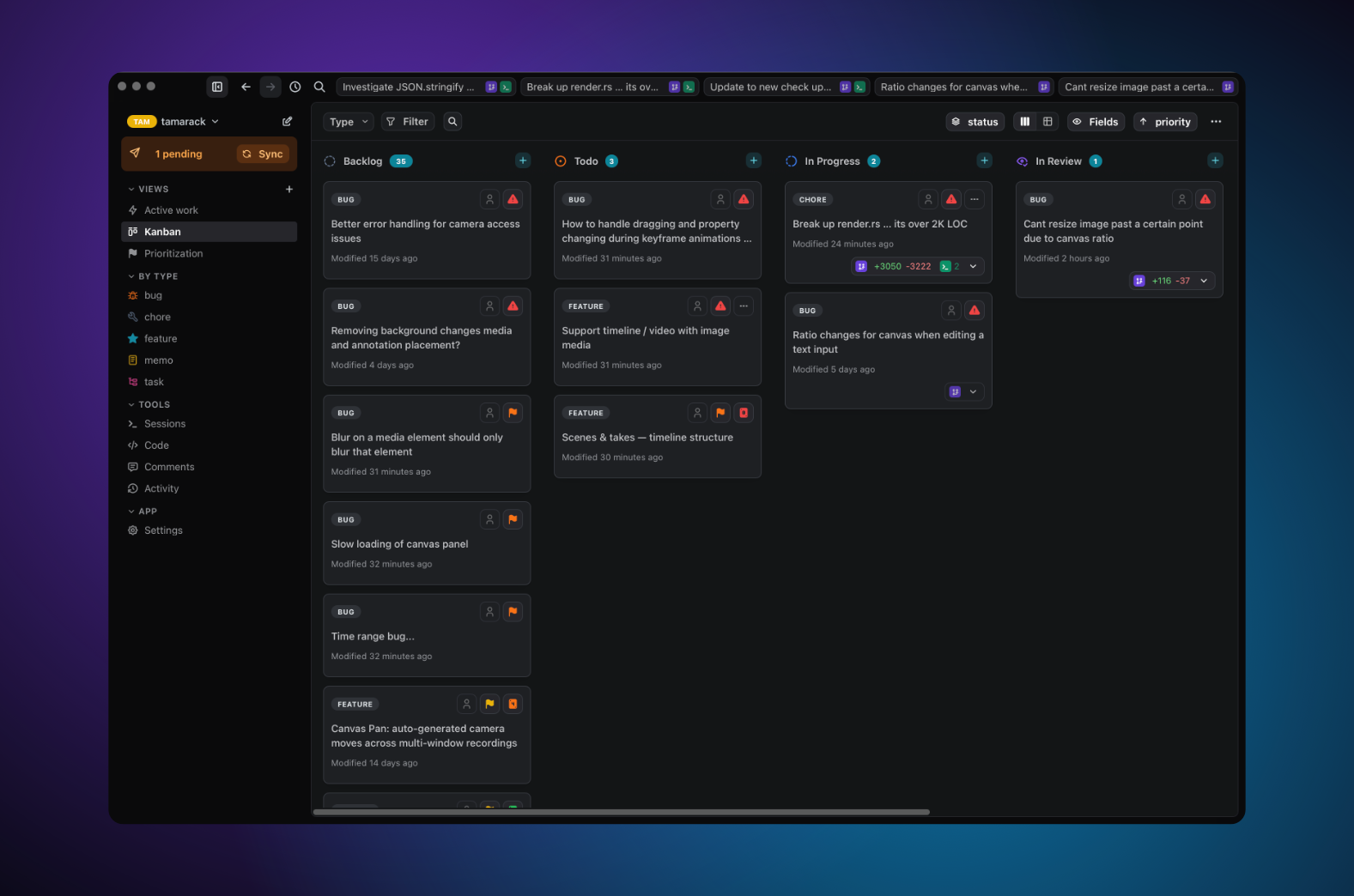 A Spruce view showing features, tasks, and memos organized by status