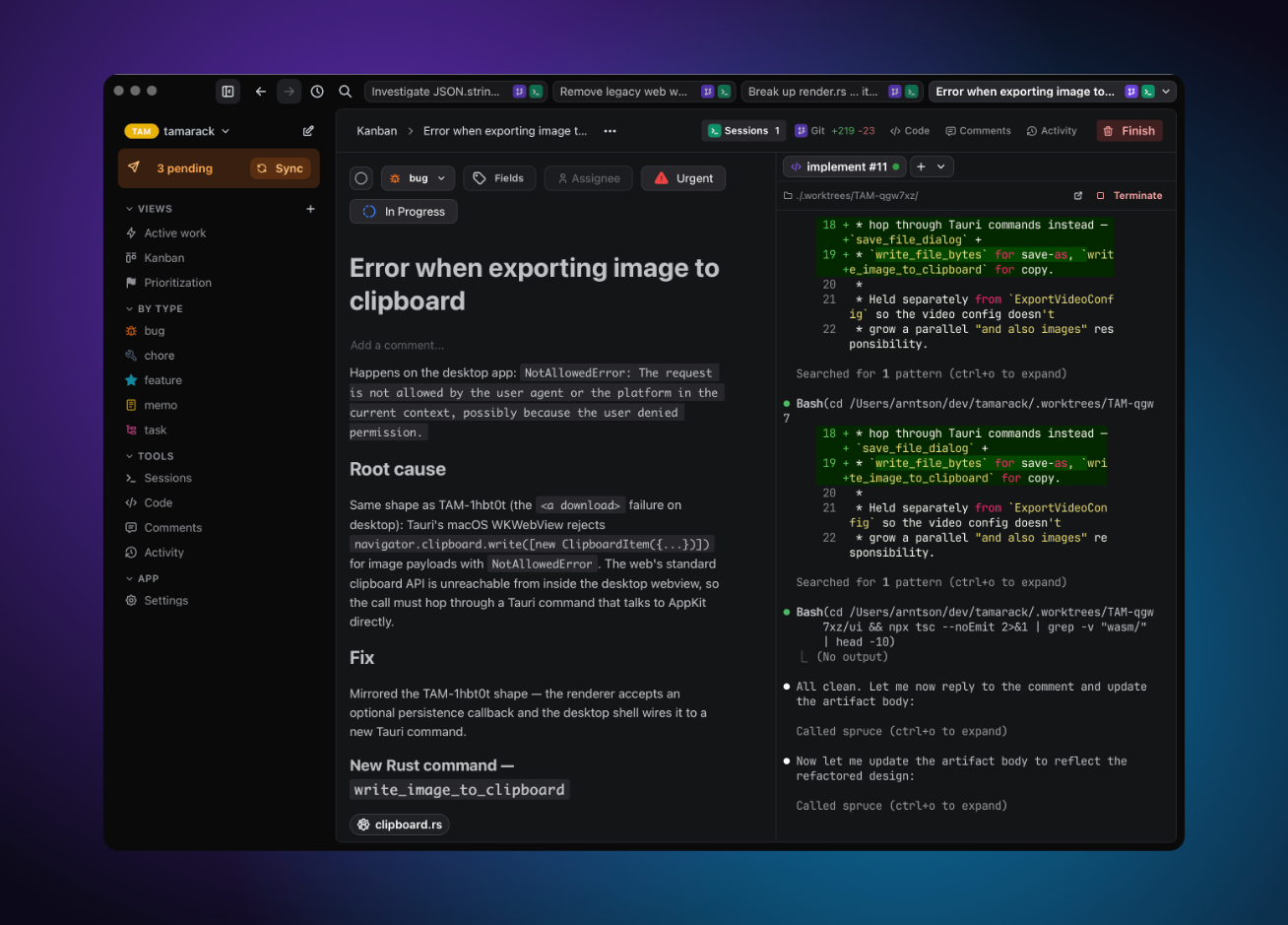 Split view: an artifact on the left, a worktree terminal running an agent on the right