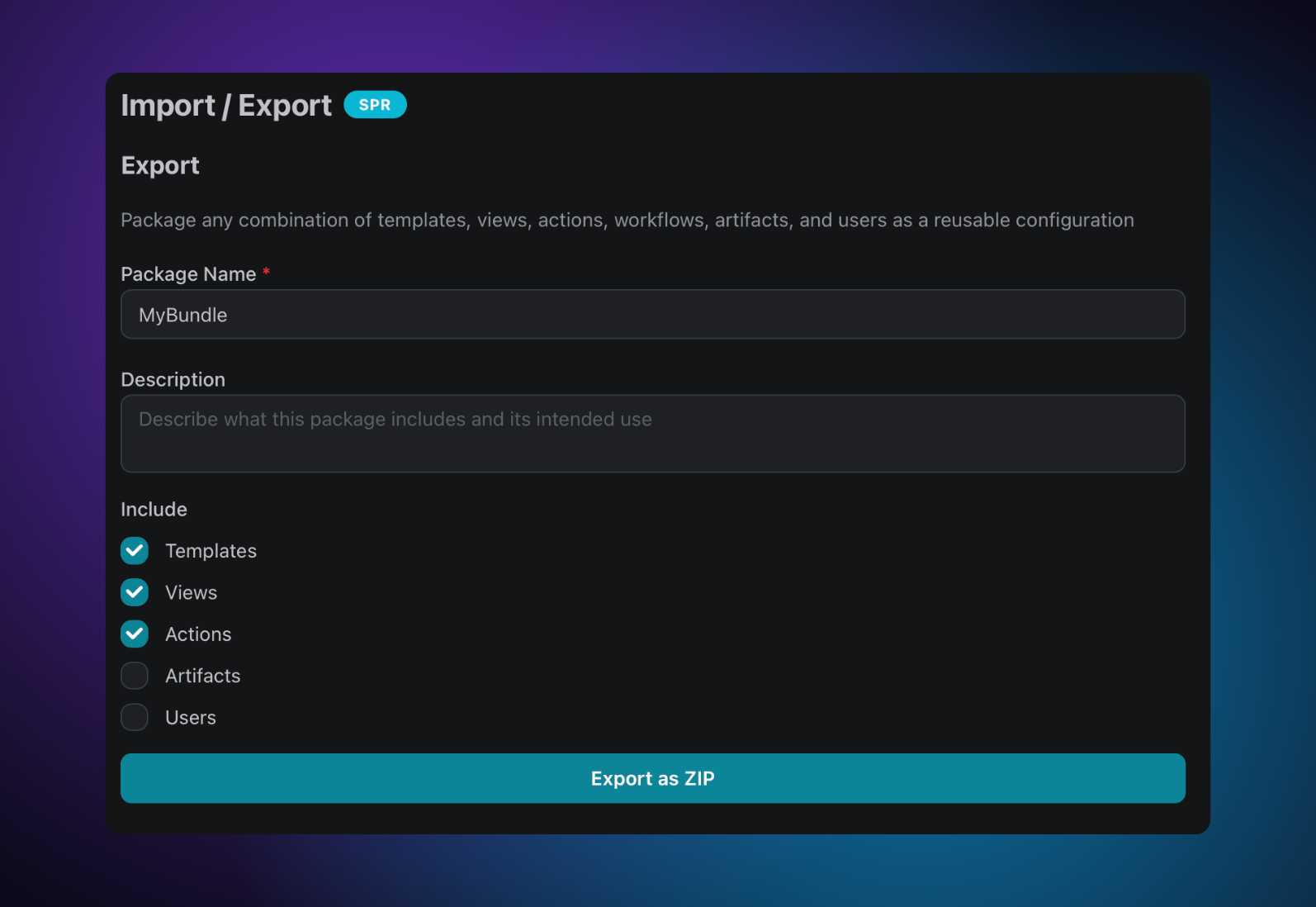 Bundle export dialog with content checkboxes and a name field