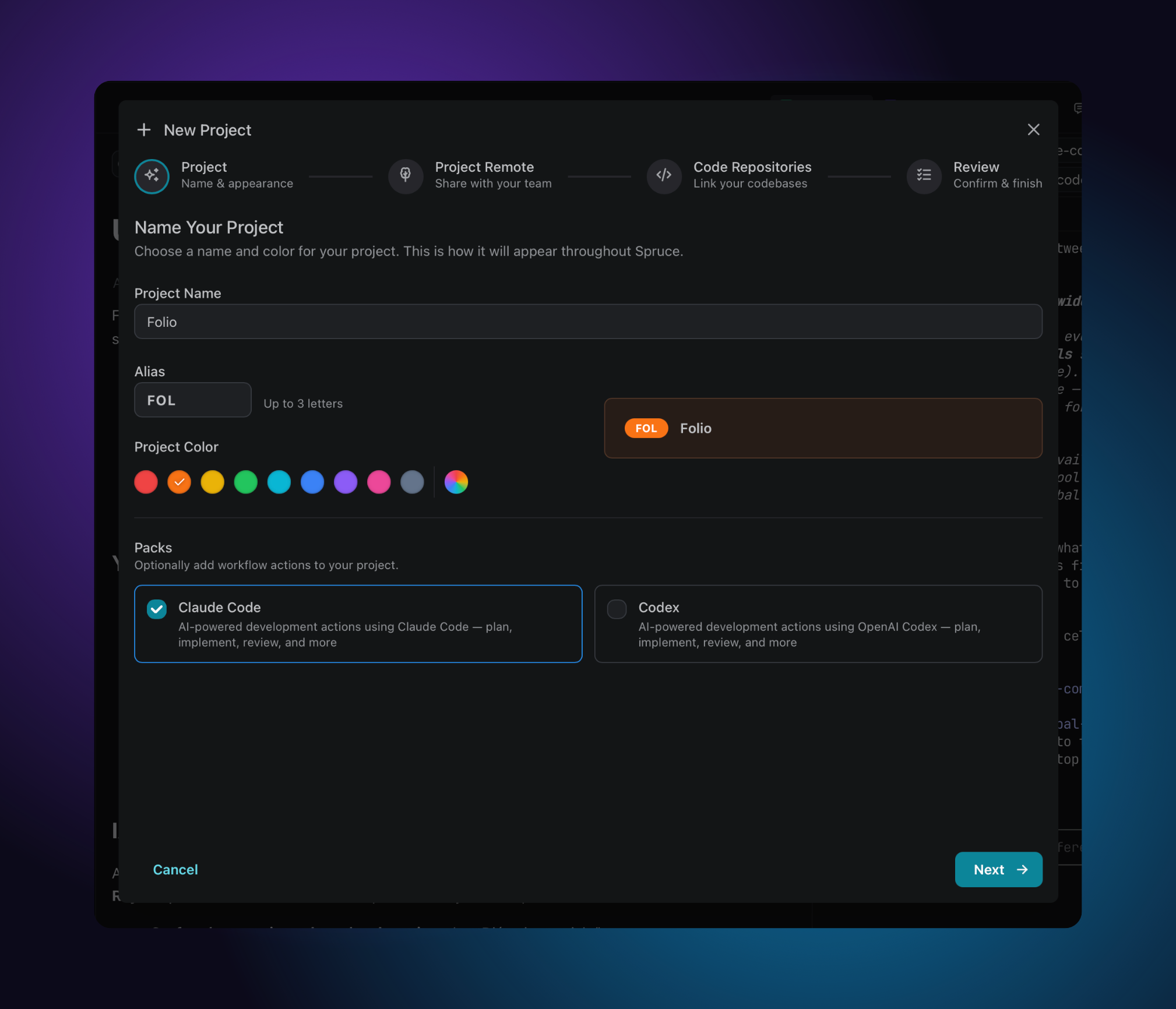 Project wizard with the stepper at the top showing Project / Project Remote / Code Repositories / Review