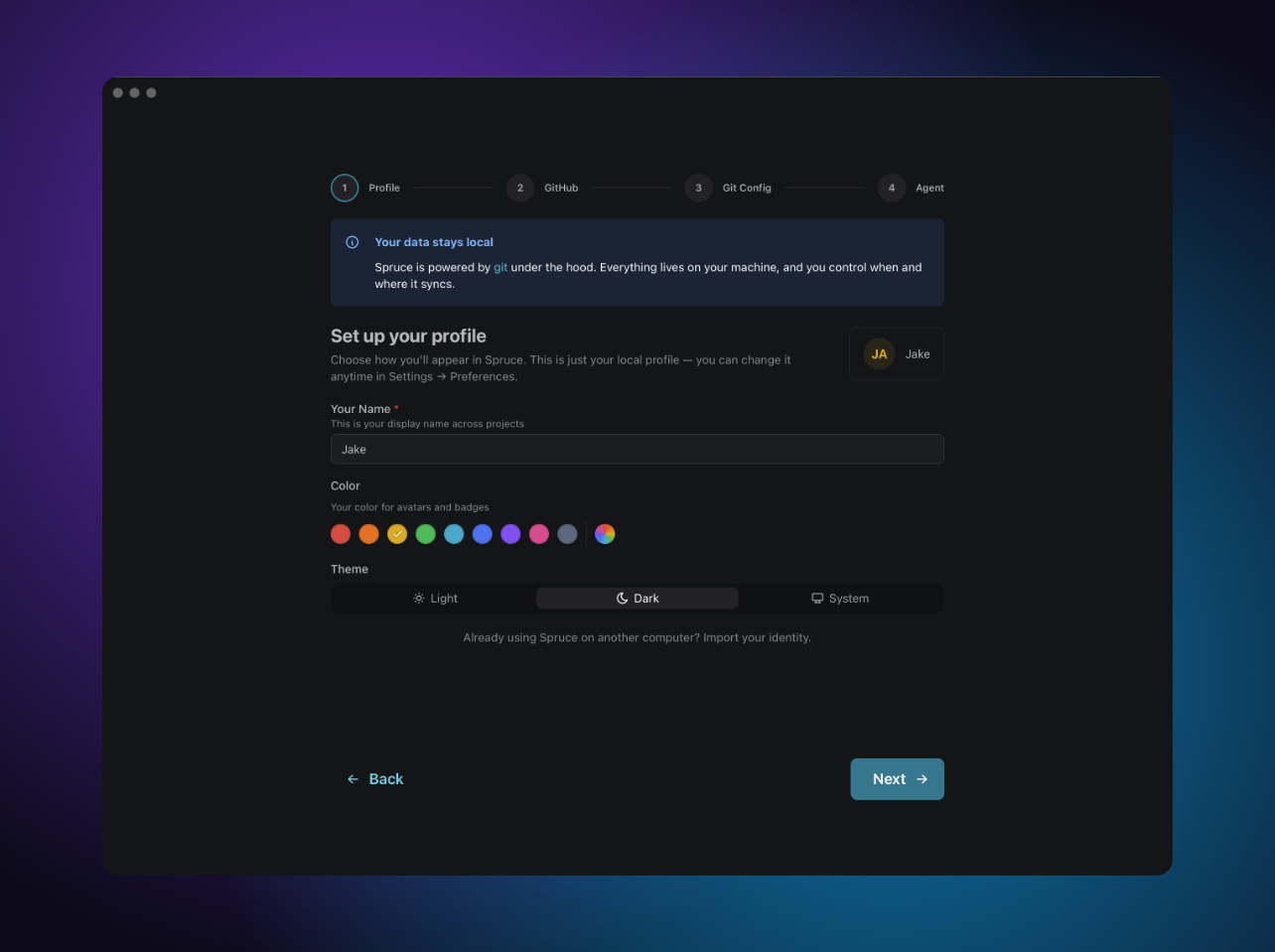 Welcome wizard — the multi-step first-run walkthrough